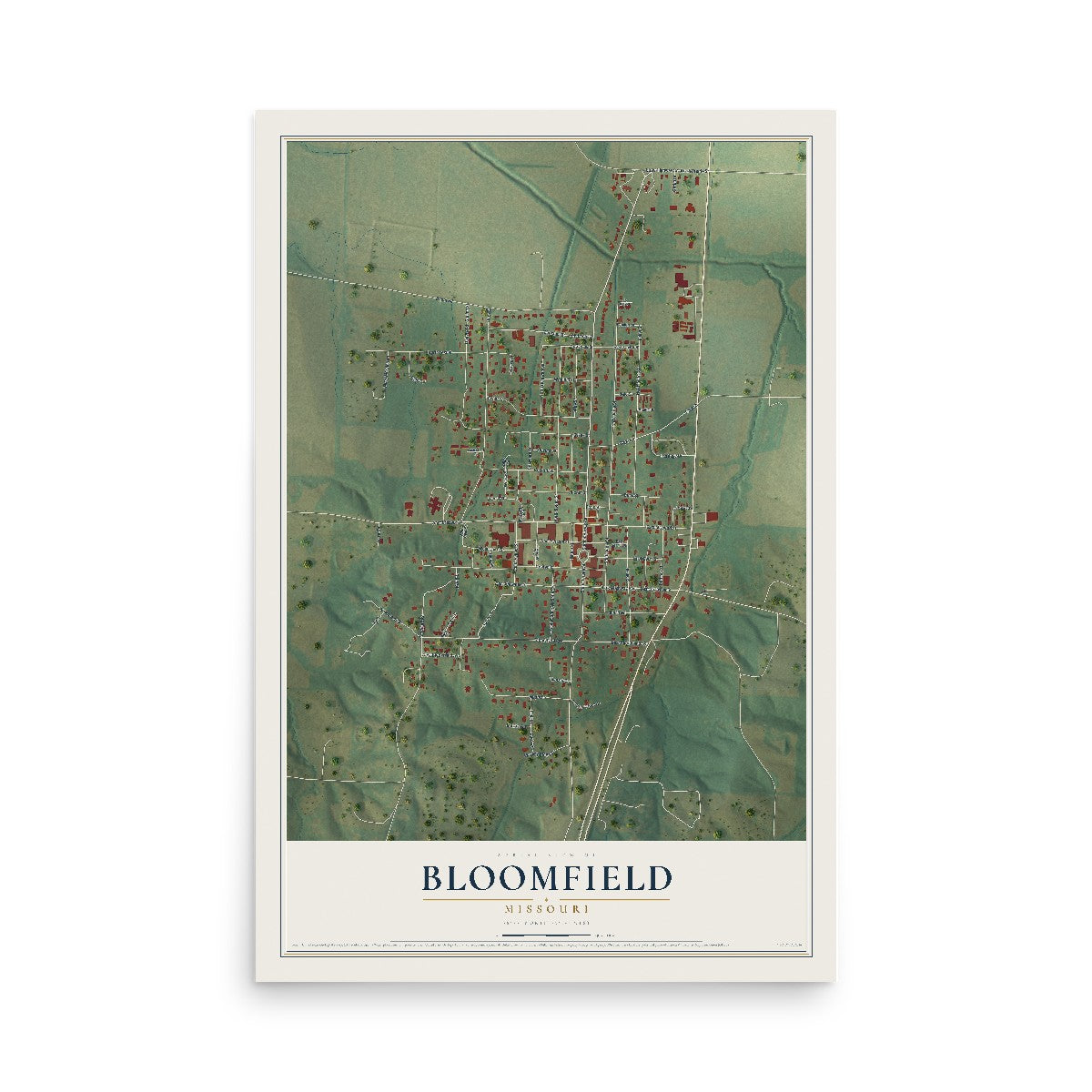 Map of Bloomfield, Missouri, 12 x 18 inch unframed archival matte print