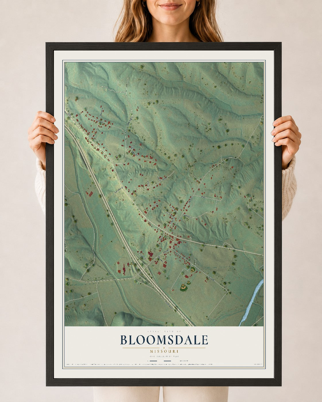 Map of Bloomsdale, Missouri, 24 x 36 inch print in a black wood frame