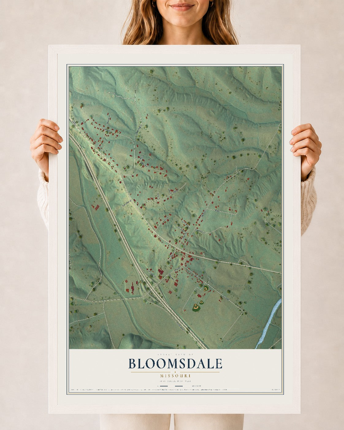 Map of Bloomsdale, Missouri, 24 x 36 inch print in a white wood frame
