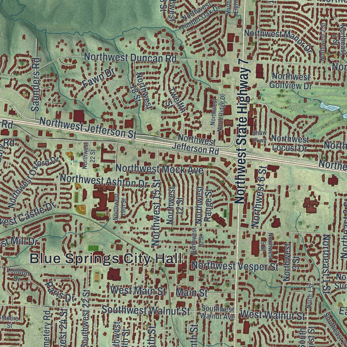 Close-up of the map of Blue Springs, Missouri print showing street and building detail