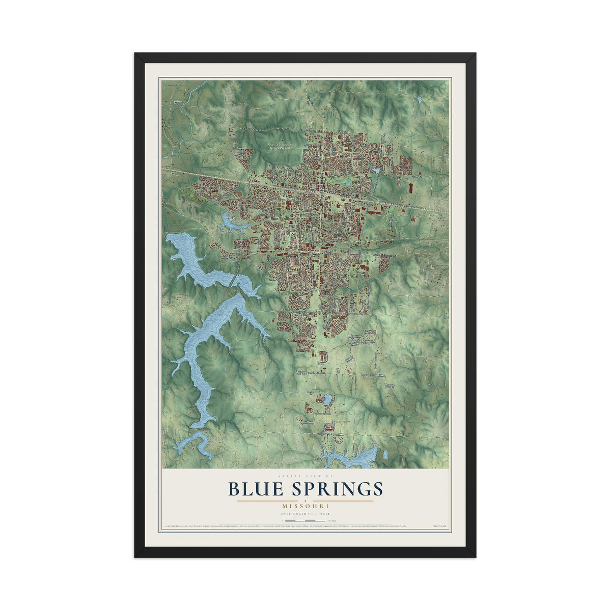 Map of Blue Springs, Missouri, 12 x 18 inch print in a black wood frame