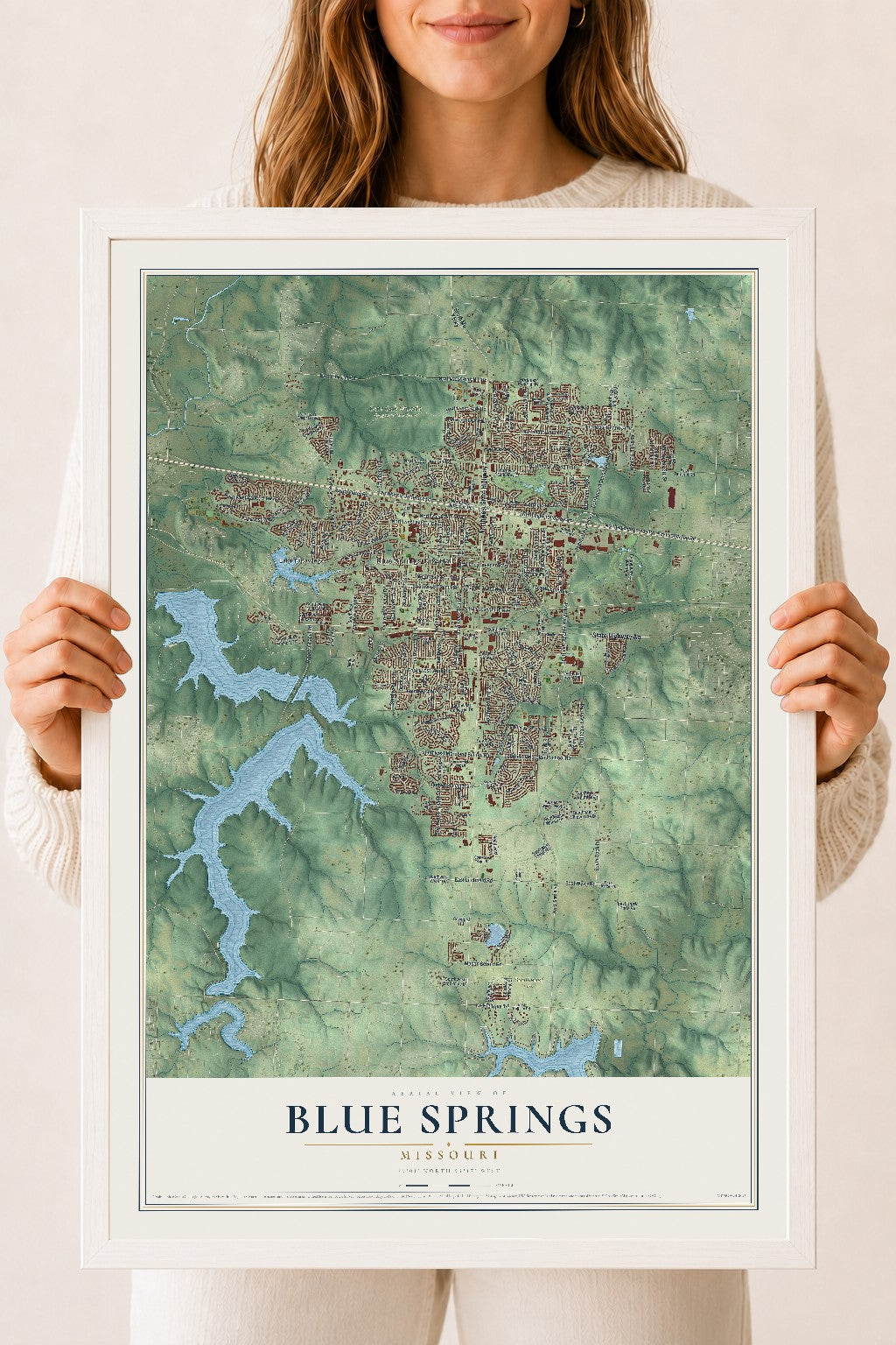 Map of Blue Springs, Missouri, 18 x 24 inch print in a white wood frame