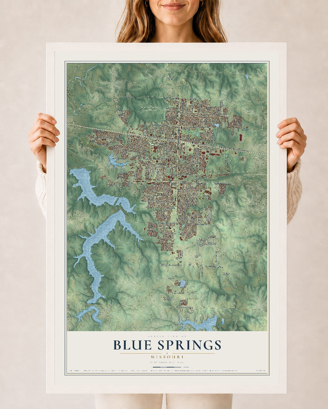 Map of Blue Springs, Missouri, 24 x 36 inch print in a white wood frame