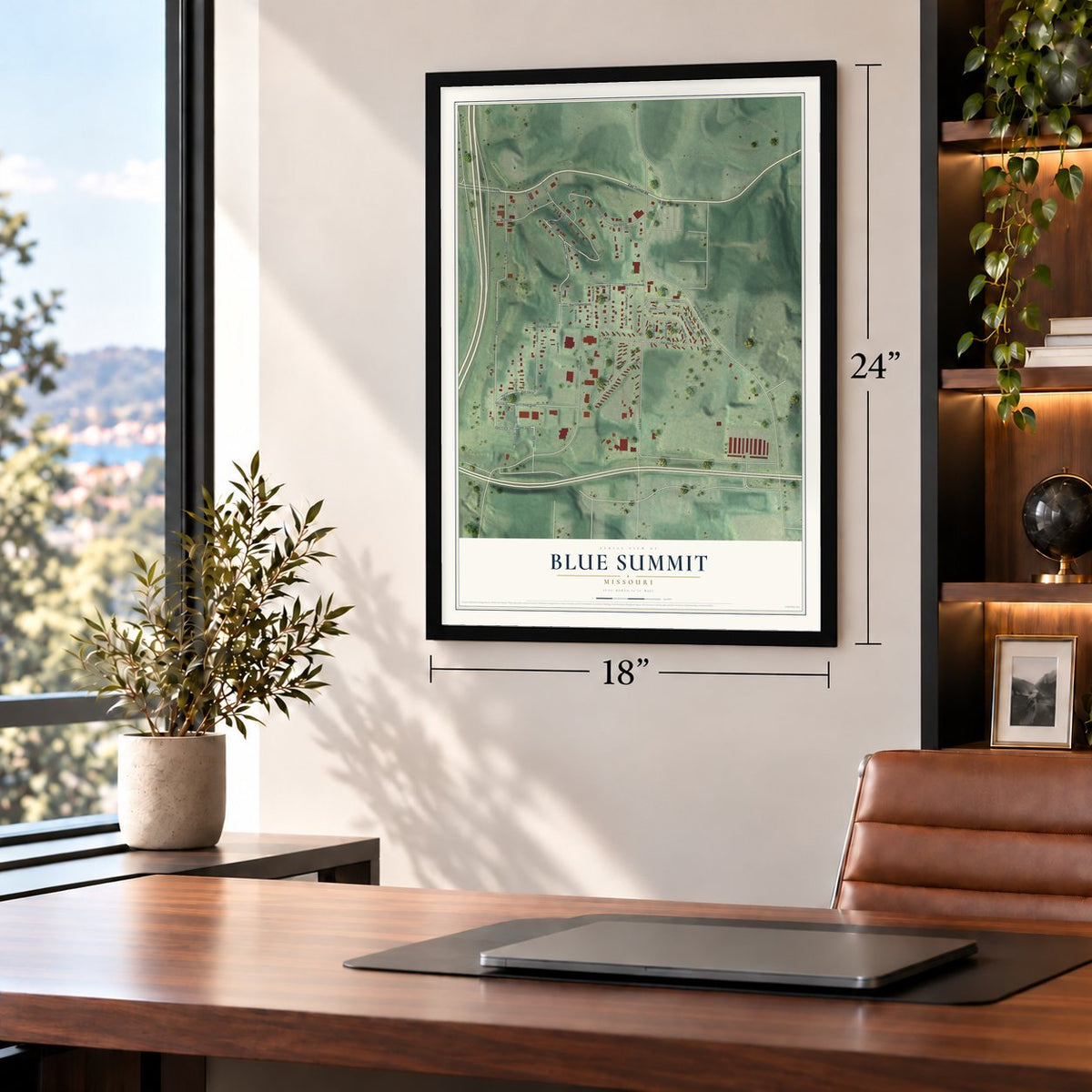 Blue Summit, Missouri map, 18 x 24 inch print in a black frame in a home office