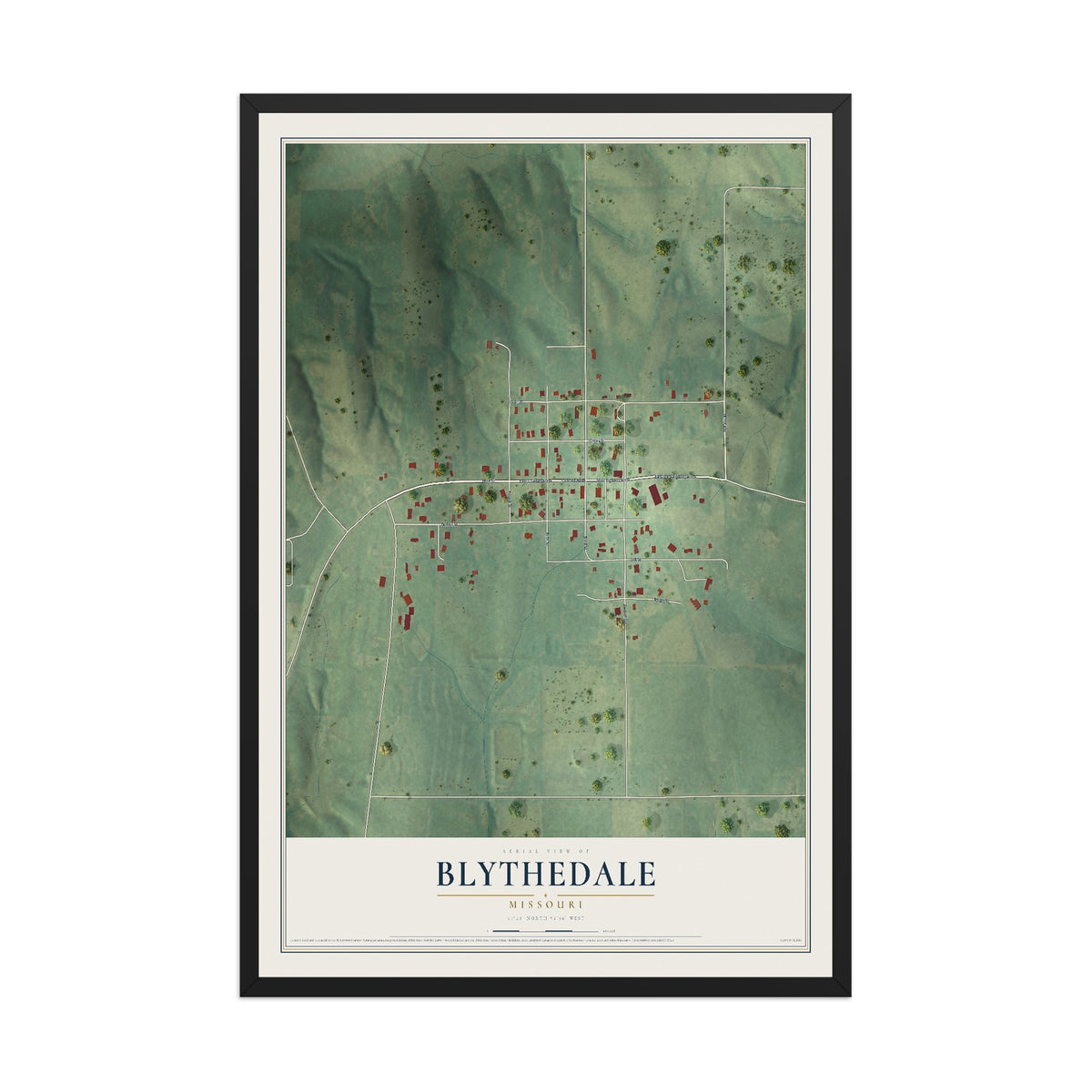 Map of Blythedale, Missouri, 12 x 18 inch print in a black wood frame