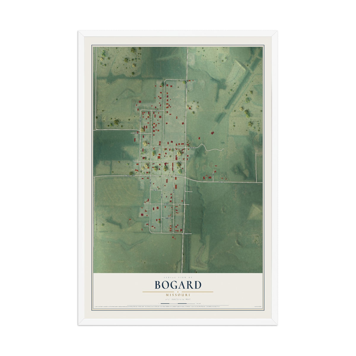 Map of Bogard, Missouri, 12 x 18 inch print in a white wood frame