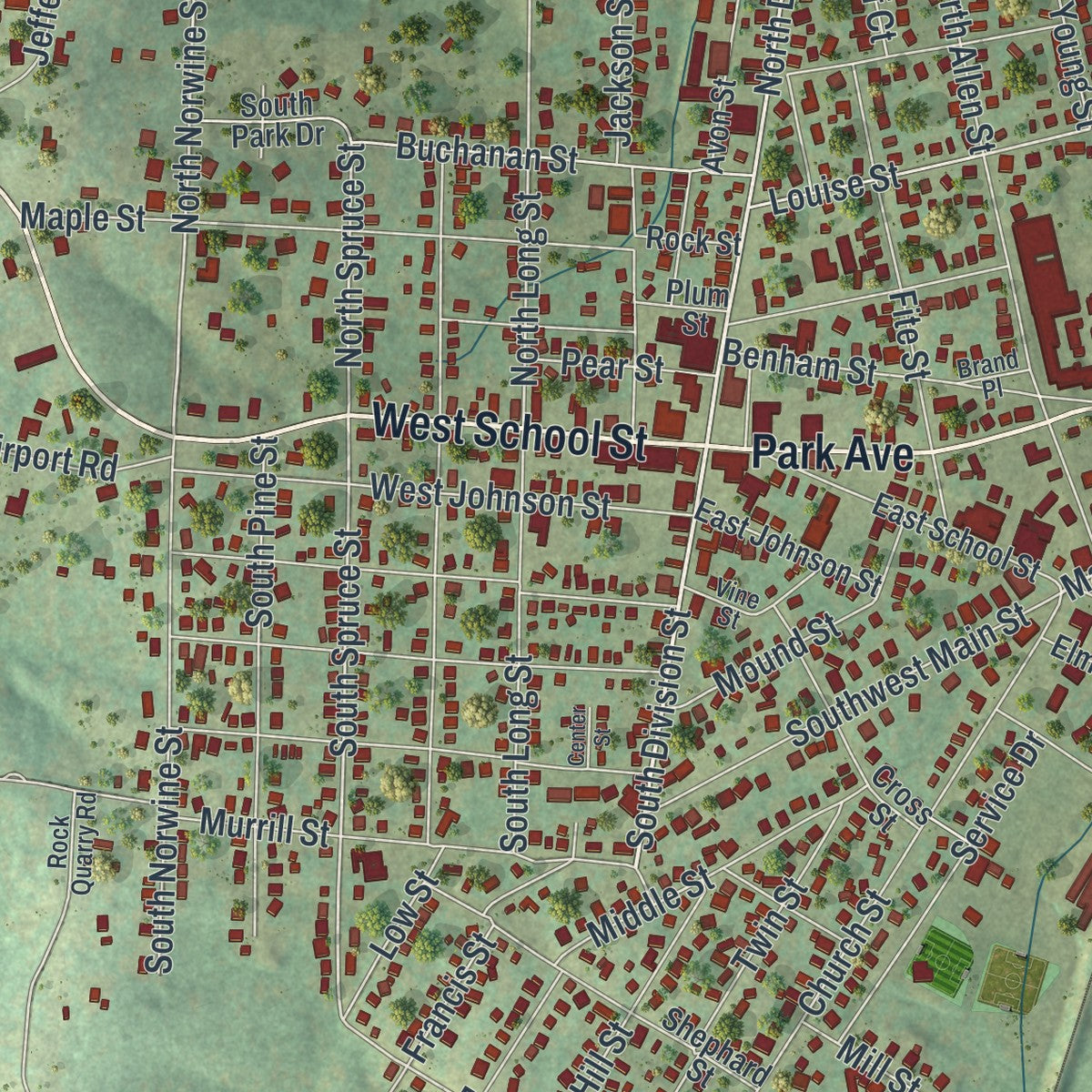 Close-up of the map of Bonne Terre, Missouri print showing street and building detail