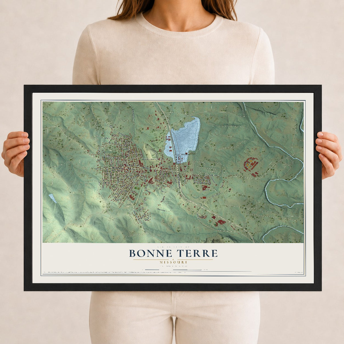 Map of Bonne Terre, Missouri, 12 x 18 inch print in a black wood frame