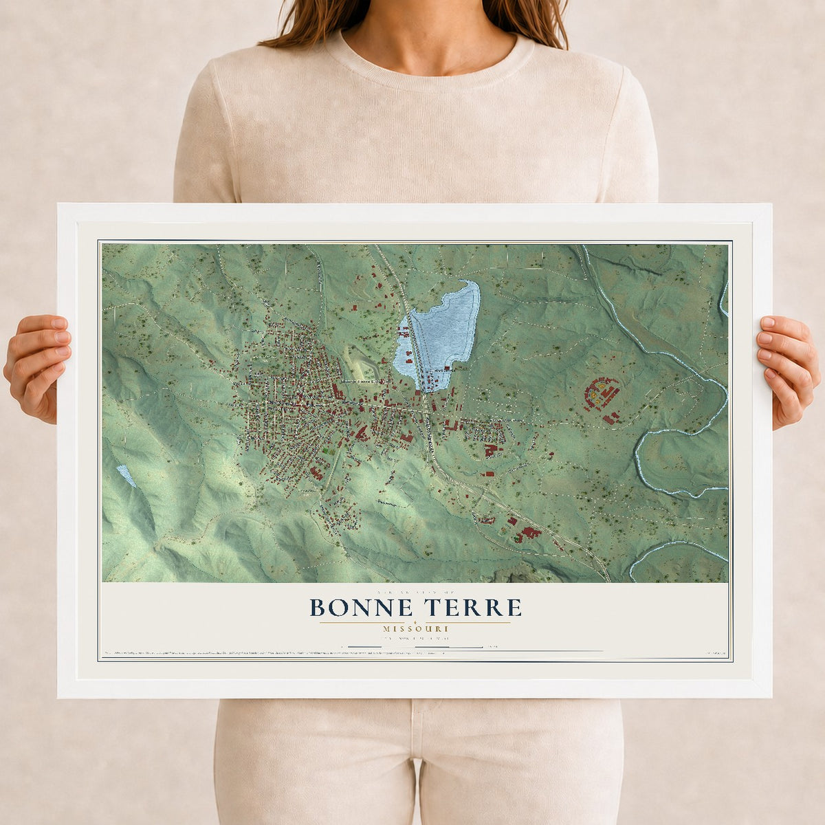 Map of Bonne Terre, Missouri, 12 x 18 inch print in a white wood frame