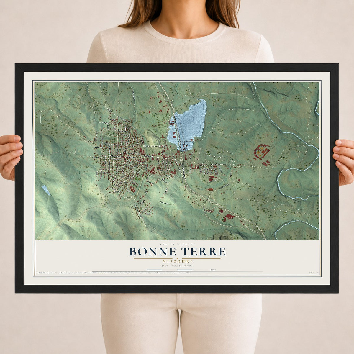 Map of Bonne Terre, Missouri, 18 x 24 inch print in a black wood frame
