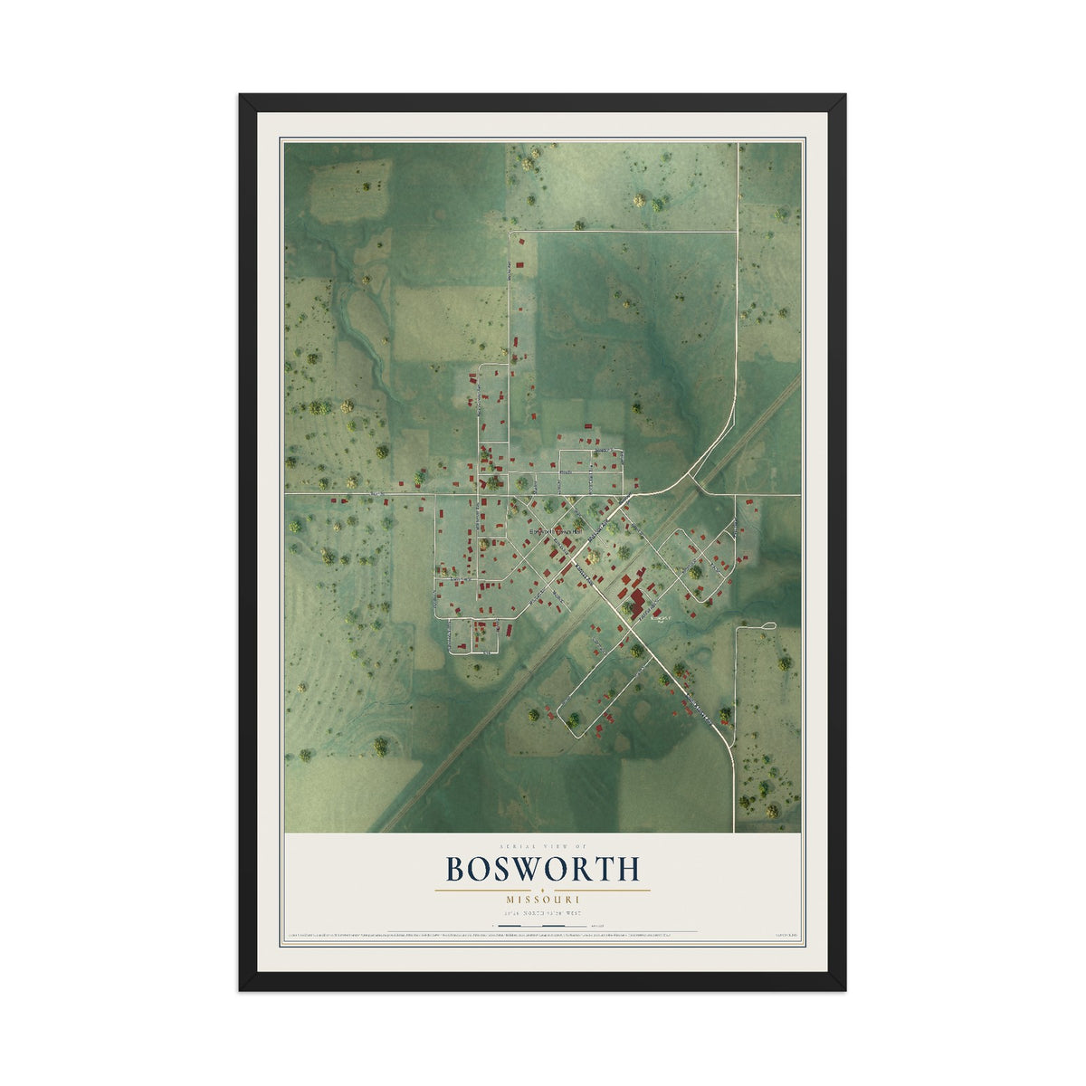 Map of Bosworth, Missouri, 12 x 18 inch print in a black wood frame