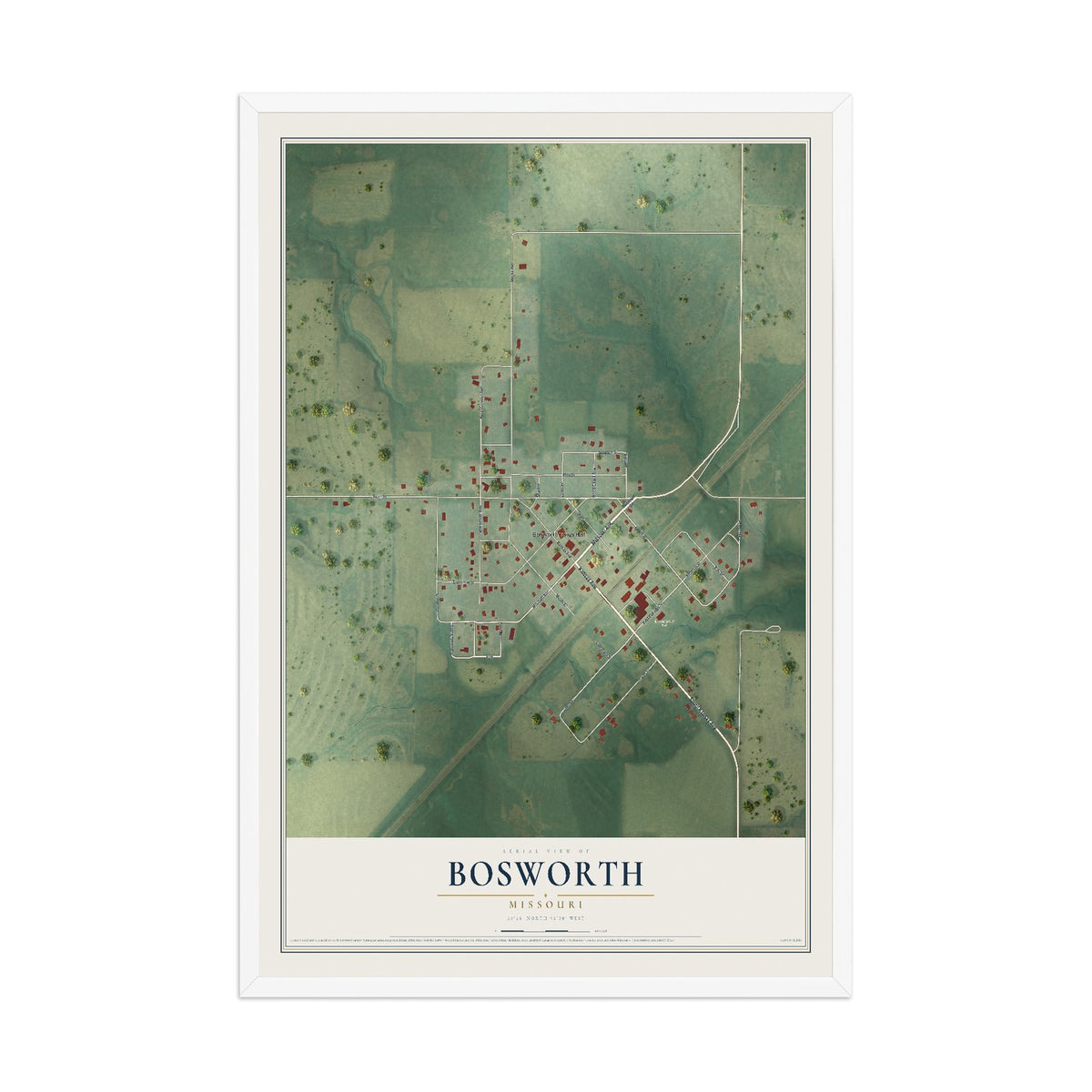Map of Bosworth, Missouri, 12 x 18 inch print in a white wood frame