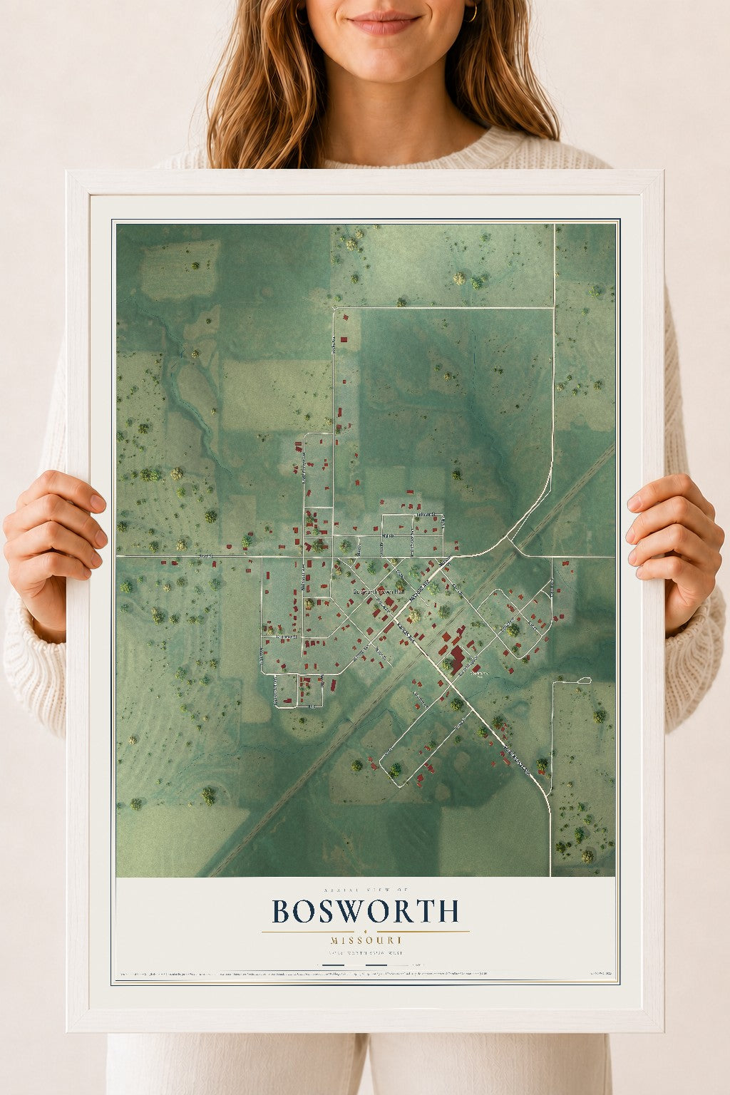 Map of Bosworth, Missouri, 18 x 24 inch print in a white wood frame