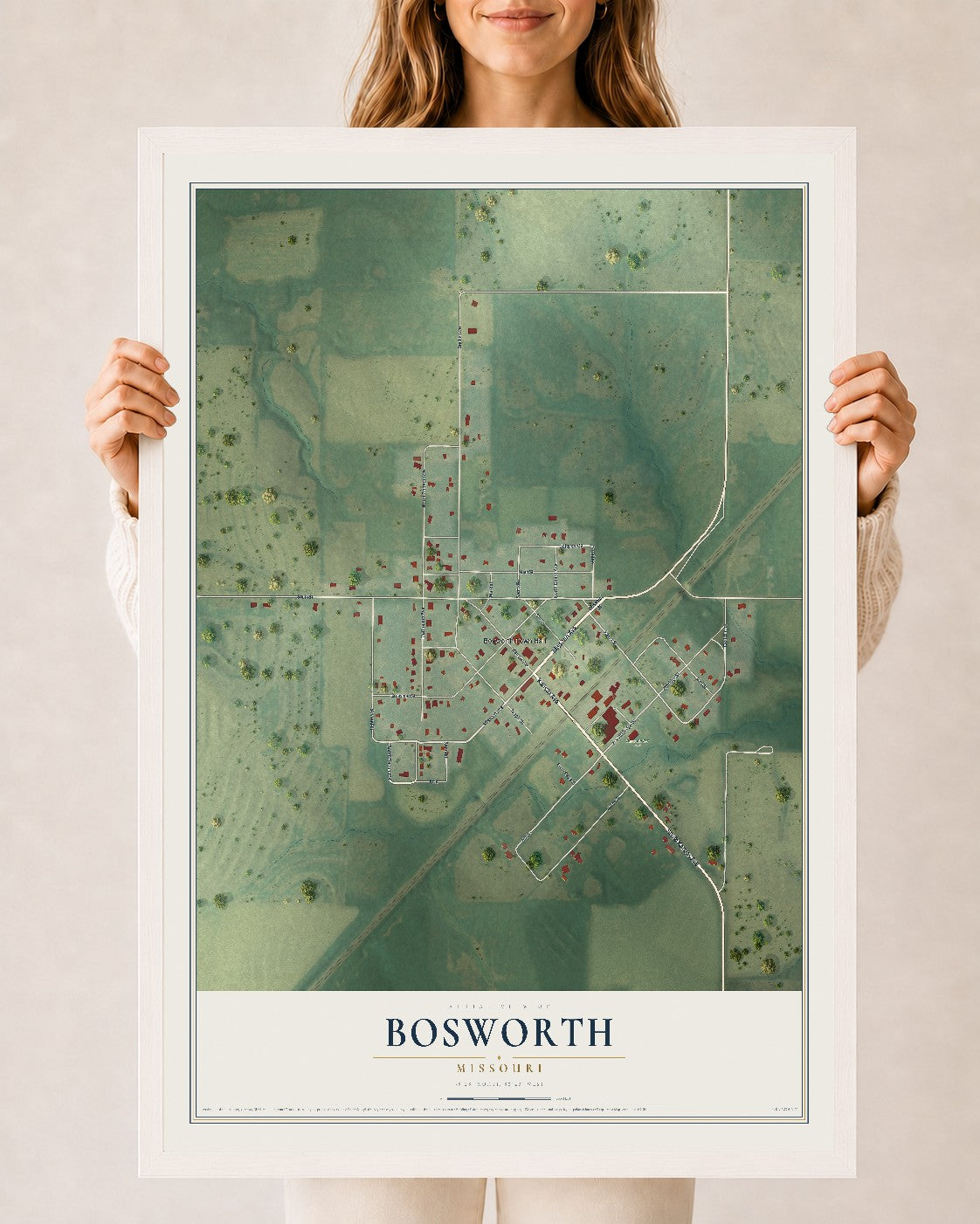 Map of Bosworth, Missouri, 24 x 36 inch print in a white wood frame