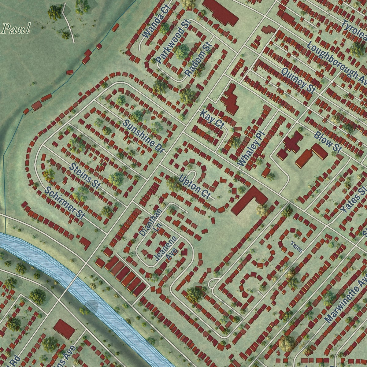 Close-up of the map of Boulevard Heights, Missouri print showing street and building detail