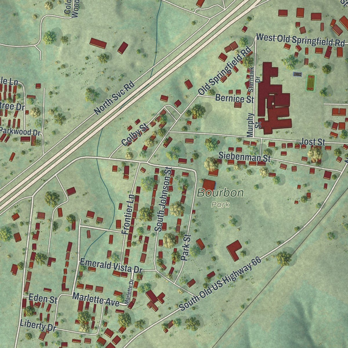 Second close-up of the map of Bourbon, Missouri print showing more streets and buildings