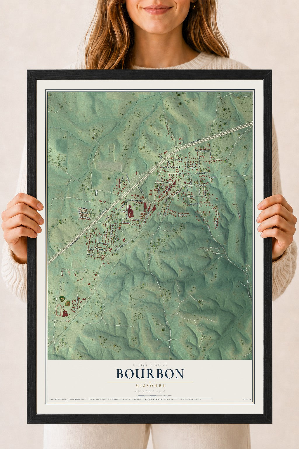 Map of Bourbon, Missouri, 18 x 24 inch print in a black wood frame