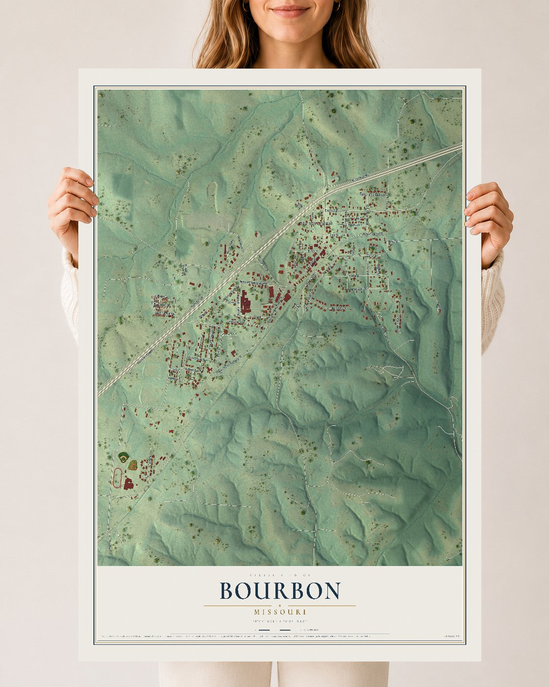Map of Bourbon, Missouri, 24 x 36 inch unframed archival matte print
