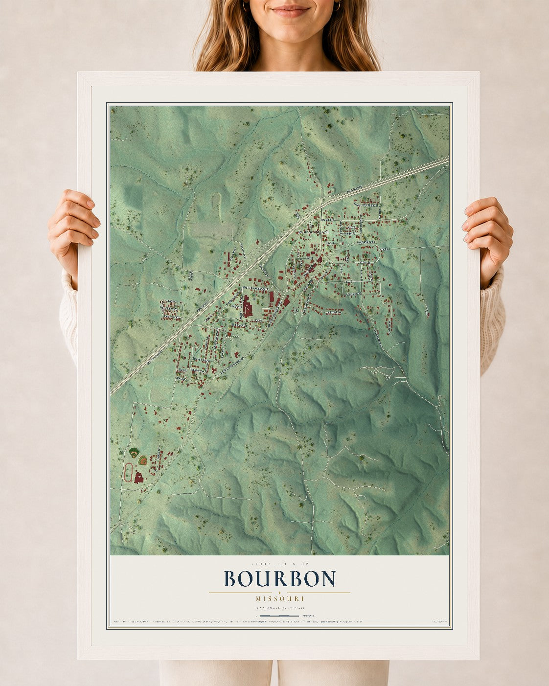 Map of Bourbon, Missouri, 24 x 36 inch print in a white wood frame