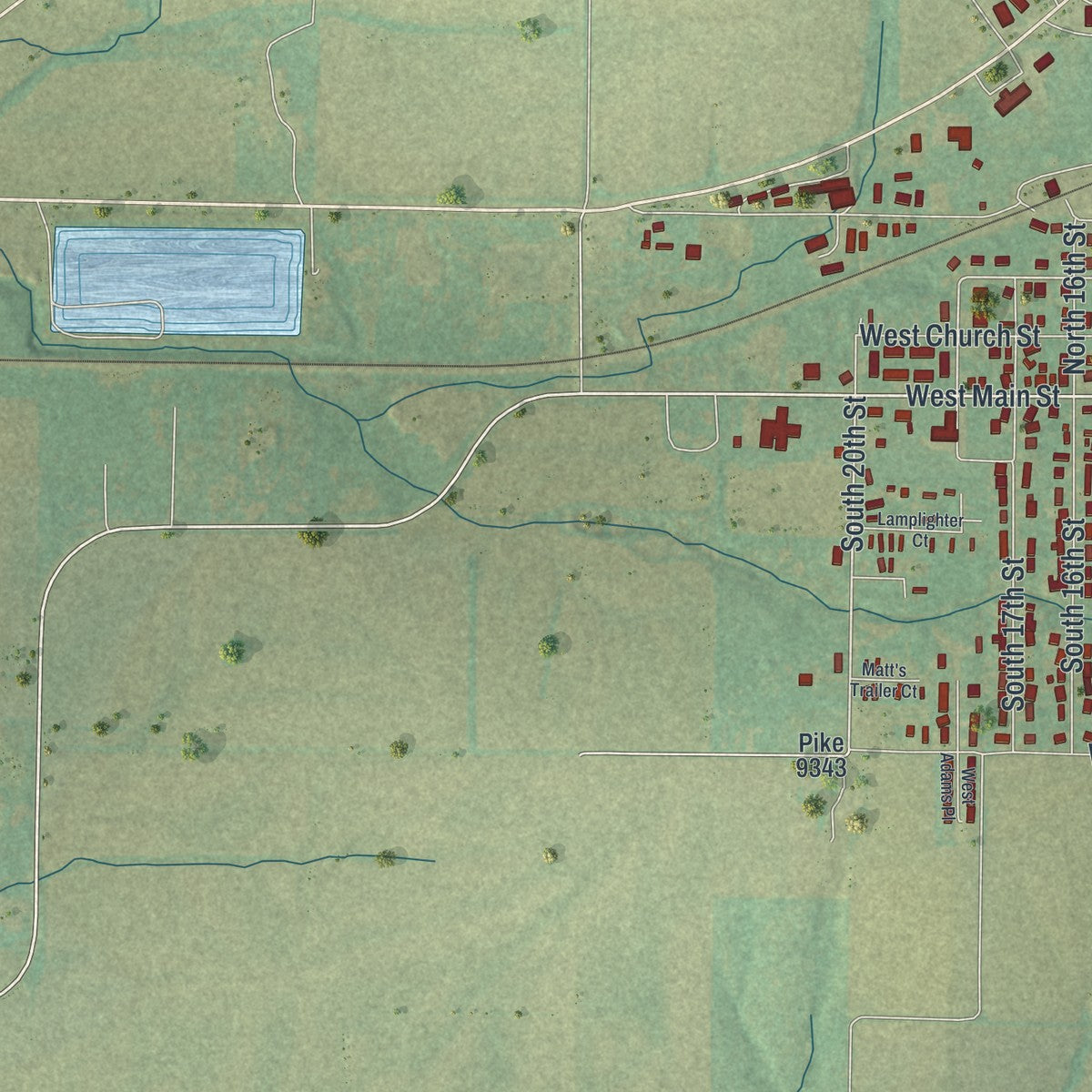 Second close-up of the map of Bowling Green, Missouri print showing more streets and buildings