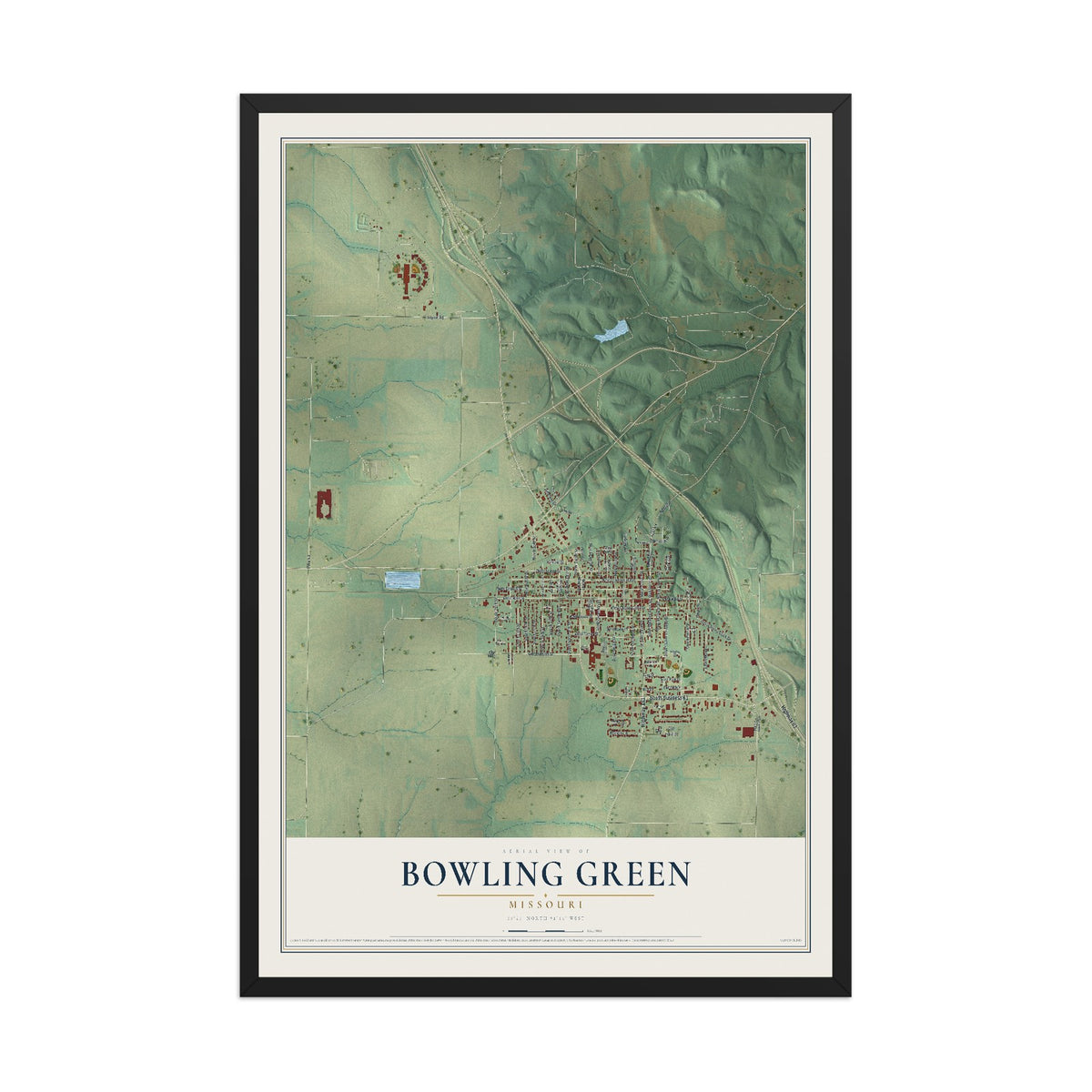 Map of Bowling Green, Missouri, 12 x 18 inch print in a black wood frame