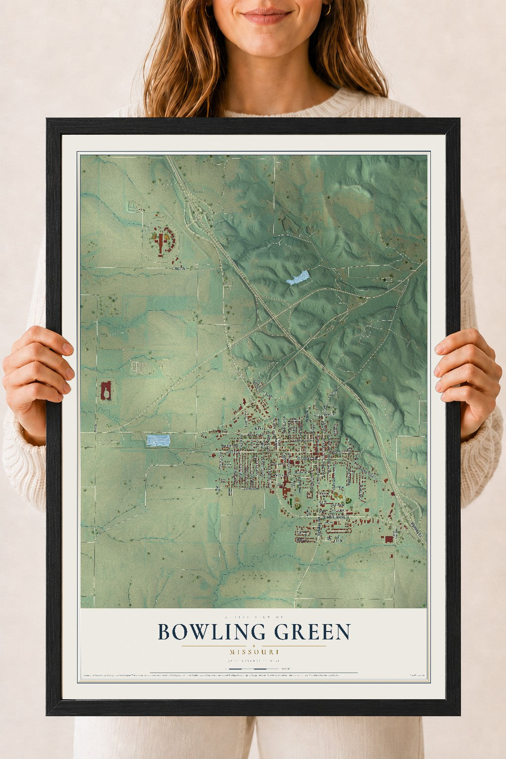 Map of Bowling Green, Missouri, 18 x 24 inch print in a black wood frame