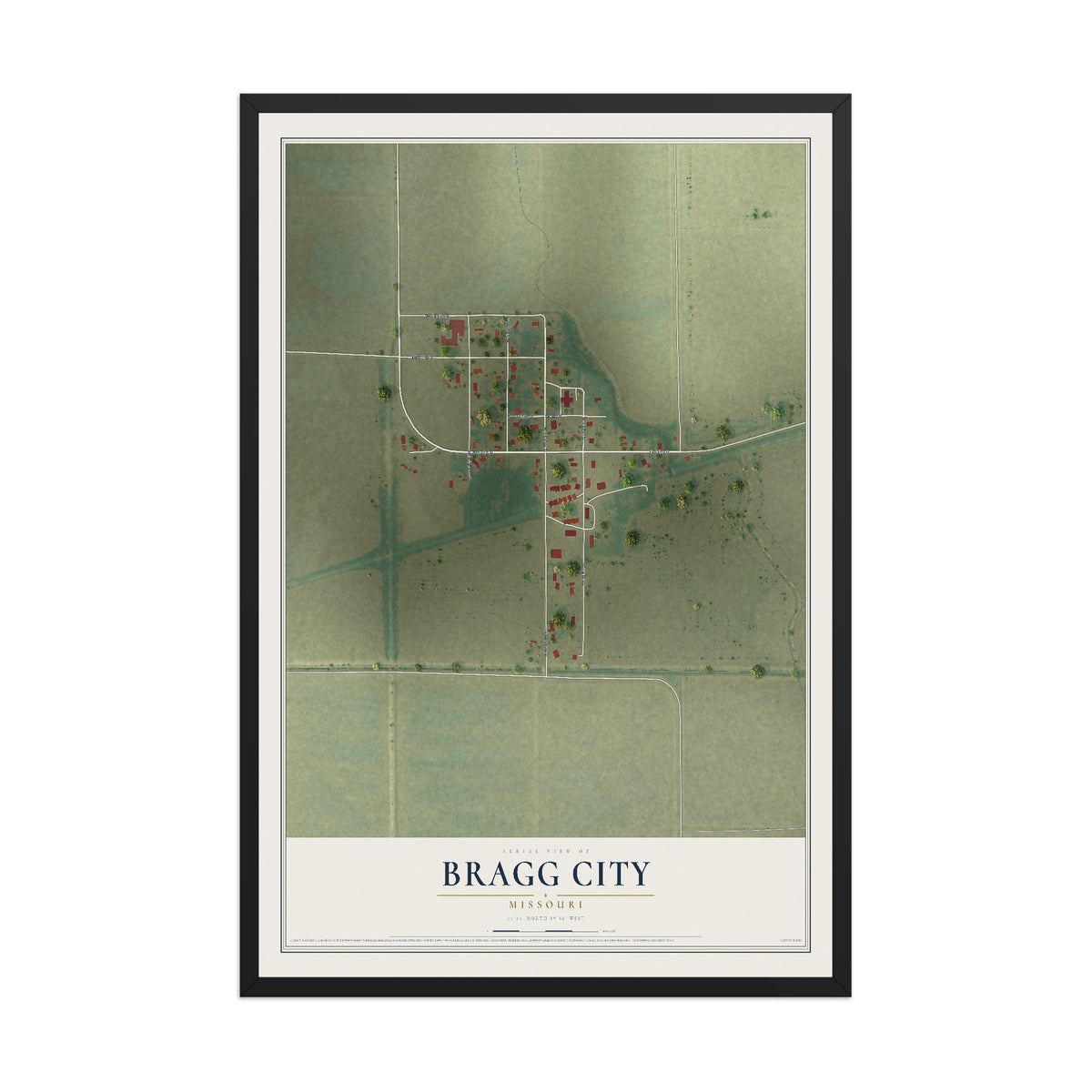 Map of Bragg City, Missouri, 12 x 18 inch print in a black wood frame
