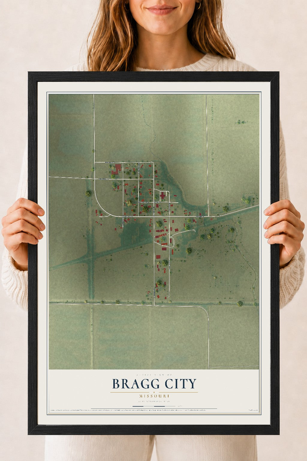 Map of Bragg City, Missouri, 18 x 24 inch print in a black wood frame