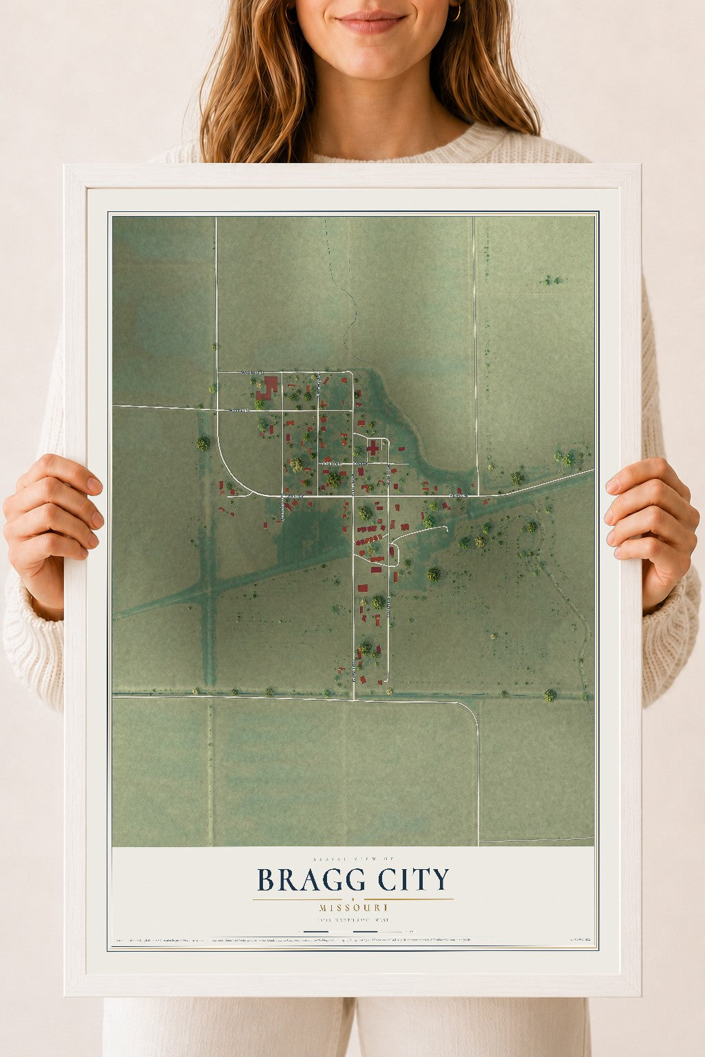 Map of Bragg City, Missouri, 18 x 24 inch print in a white wood frame