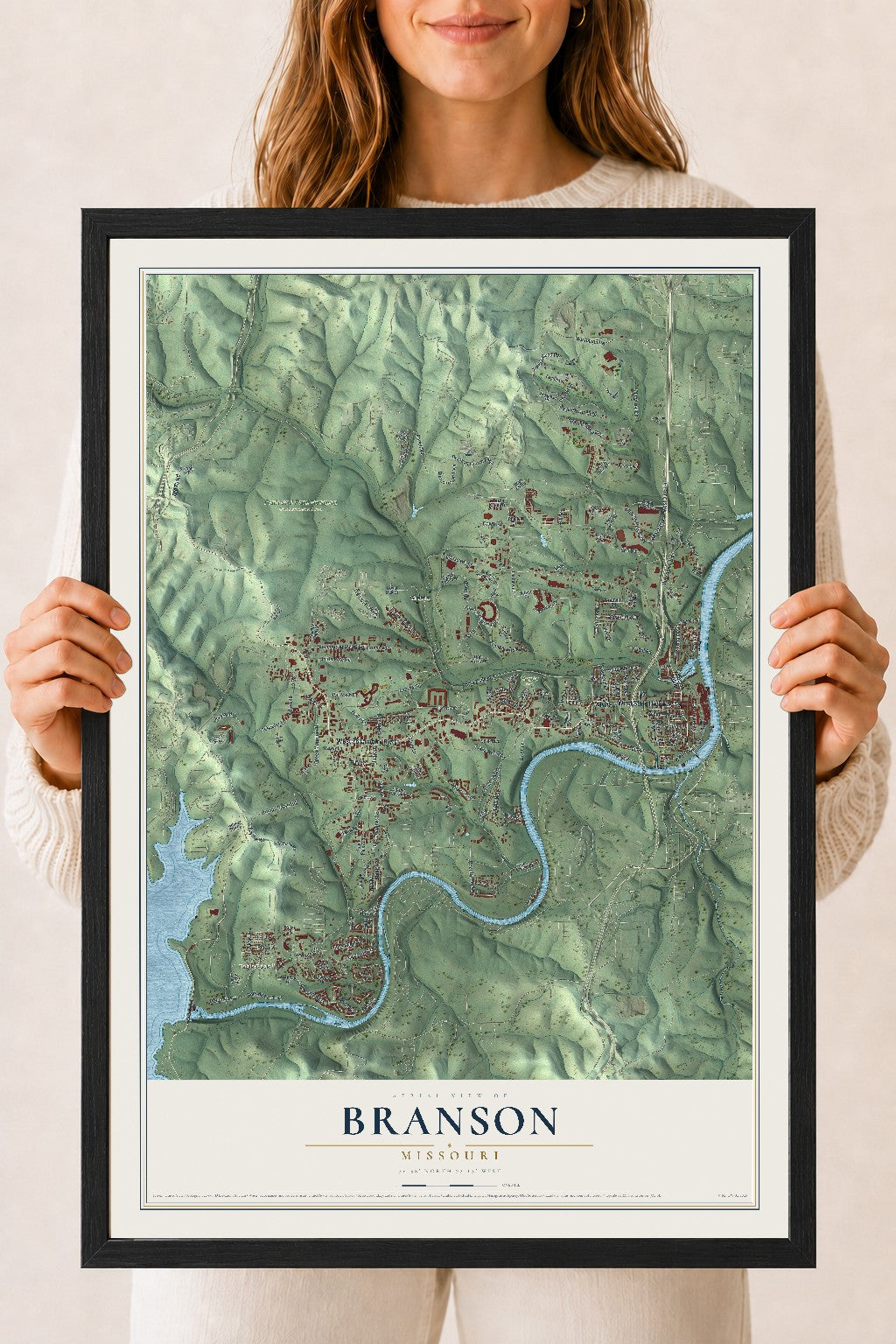 Map of Branson, Missouri, 18 x 24 inch print in a black wood frame