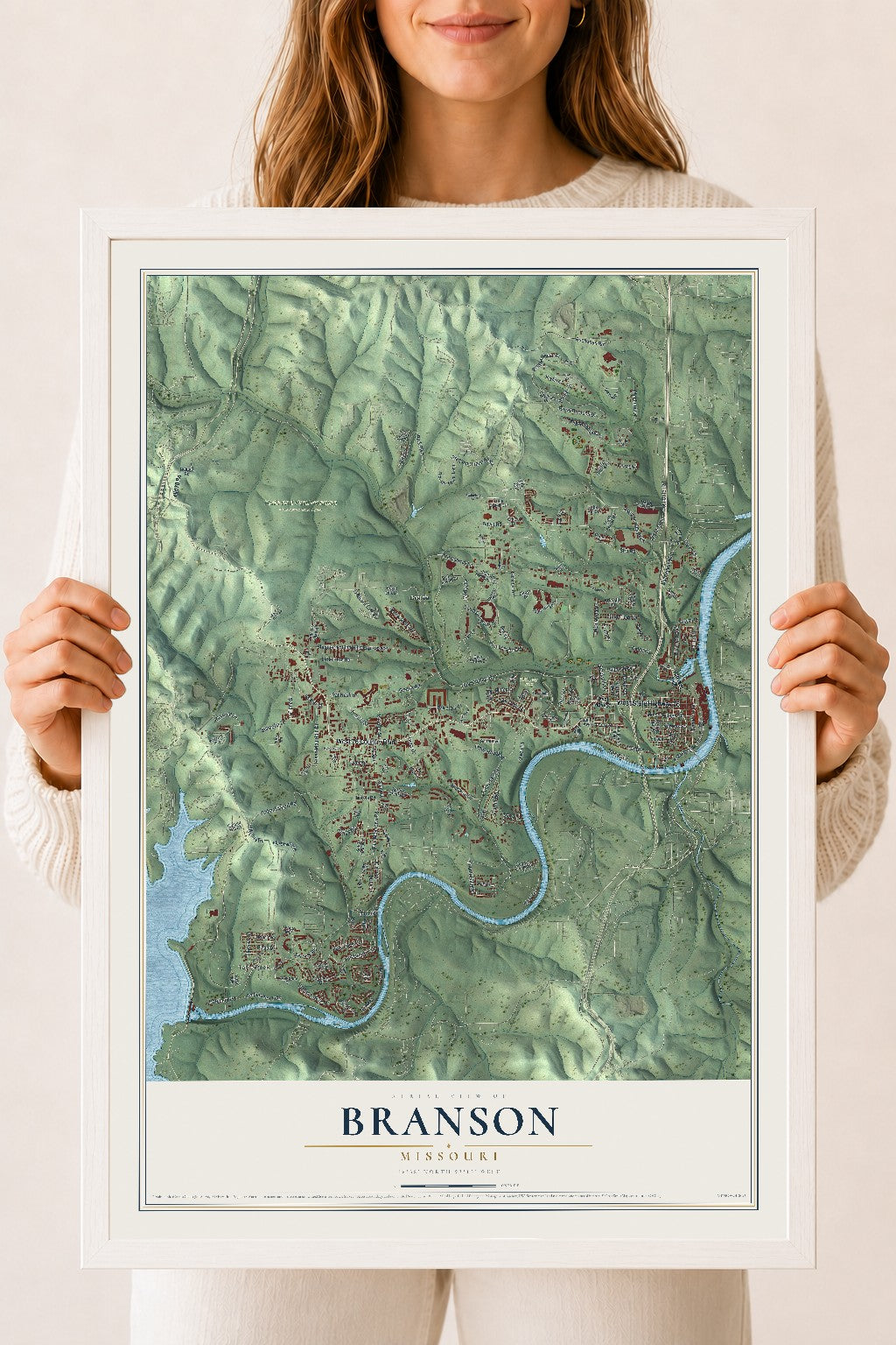 Map of Branson, Missouri, 18 x 24 inch print in a white wood frame