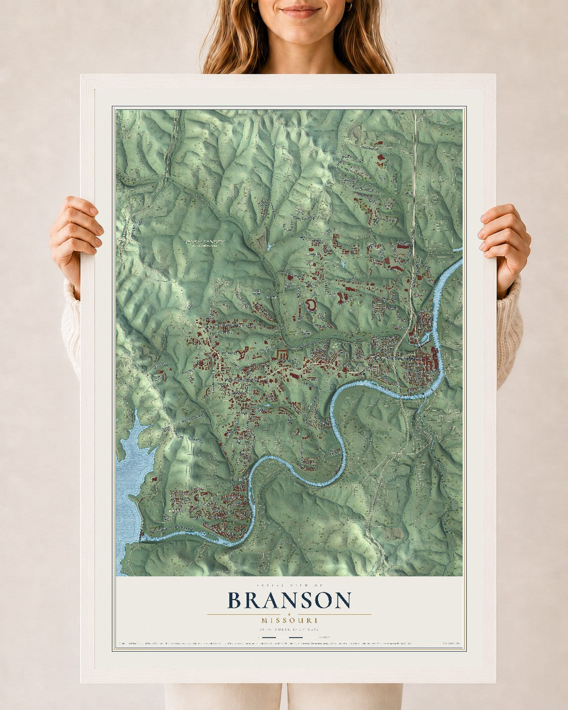Map of Branson, Missouri, 24 x 36 inch print in a white wood frame