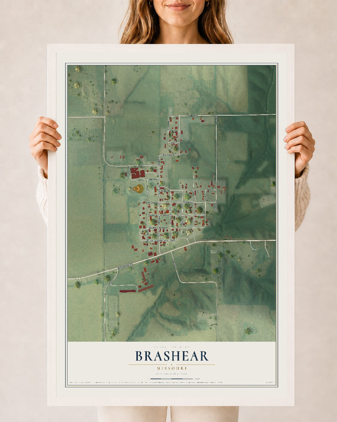 Map of Brashear, Missouri, 24 x 36 inch print in a white wood frame