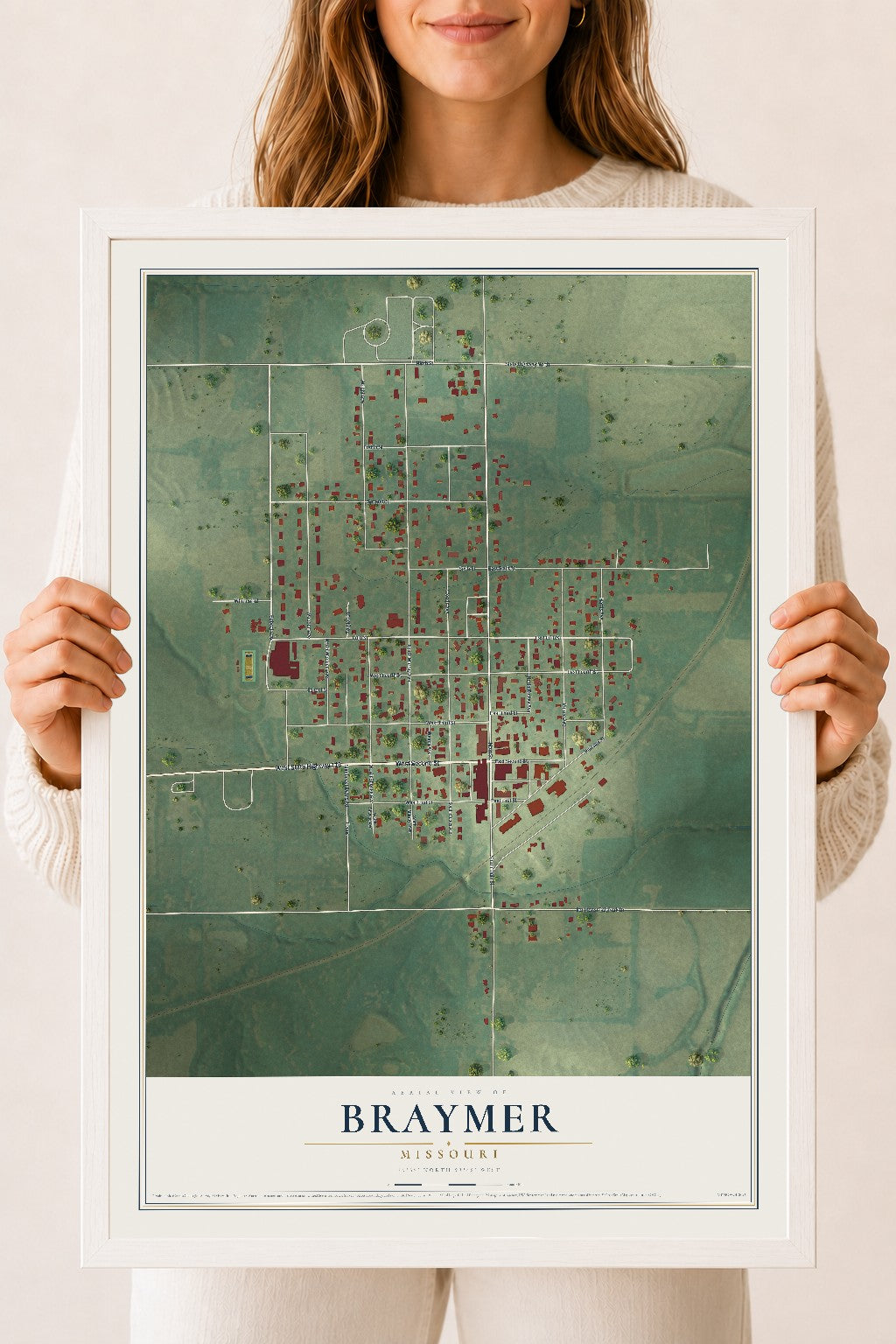 Map of Braymer, Missouri, 18 x 24 inch print in a white wood frame