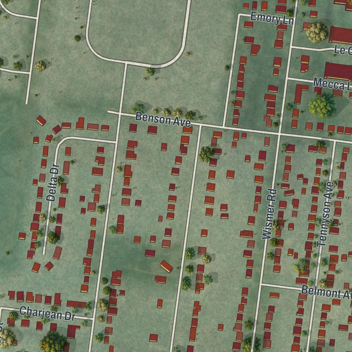 Second close-up of the map of Breckenridge Hills, Missouri print showing more streets and buildings