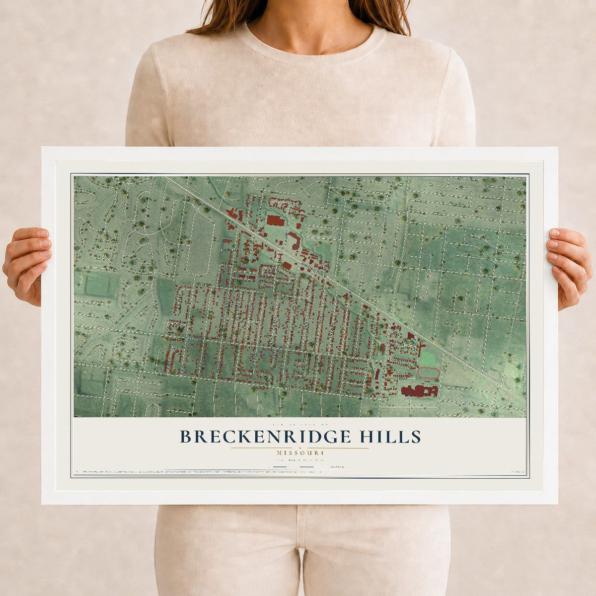 Map of Breckenridge Hills, Missouri, 12 x 18 inch print in a white wood frame