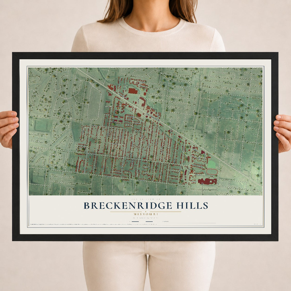 Map of Breckenridge Hills, Missouri, 18 x 24 inch print in a black wood frame