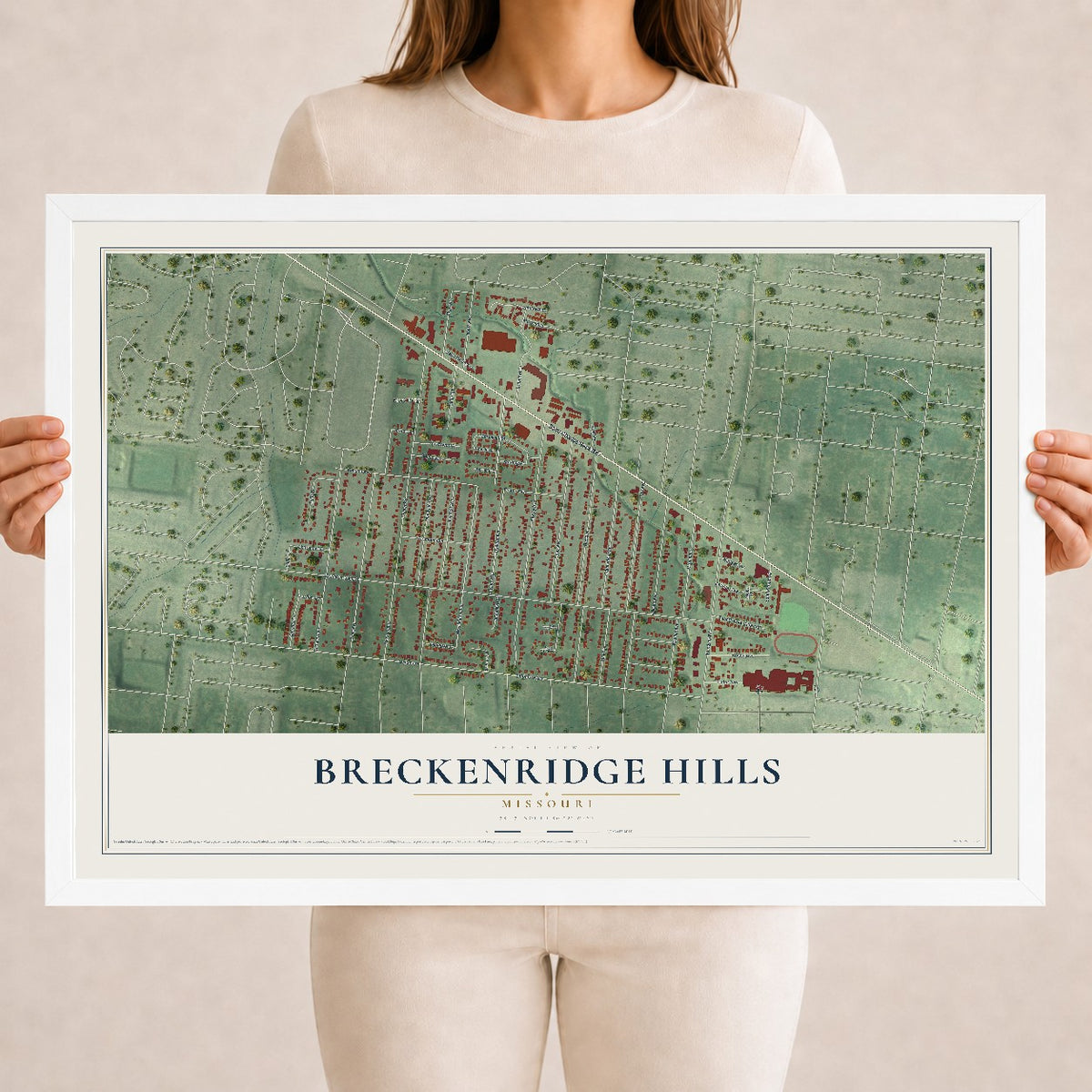 Map of Breckenridge Hills, Missouri, 18 x 24 inch print in a white wood frame