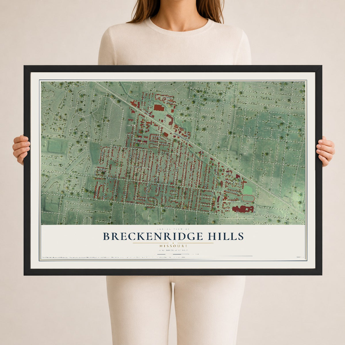 Map of Breckenridge Hills, Missouri, 24 x 36 inch print in a black wood frame