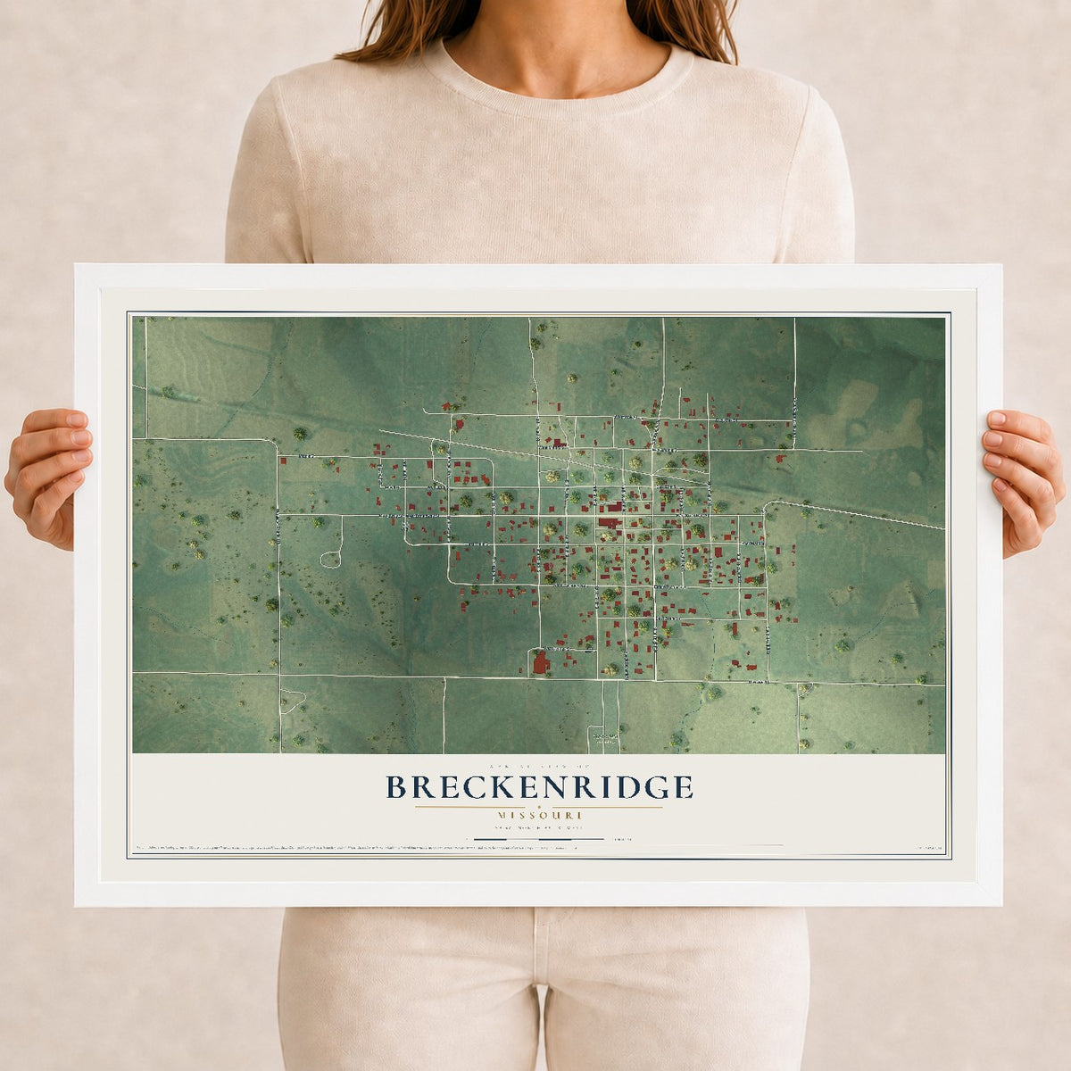 Map of Breckenridge, Missouri, 12 x 18 inch print in a white wood frame