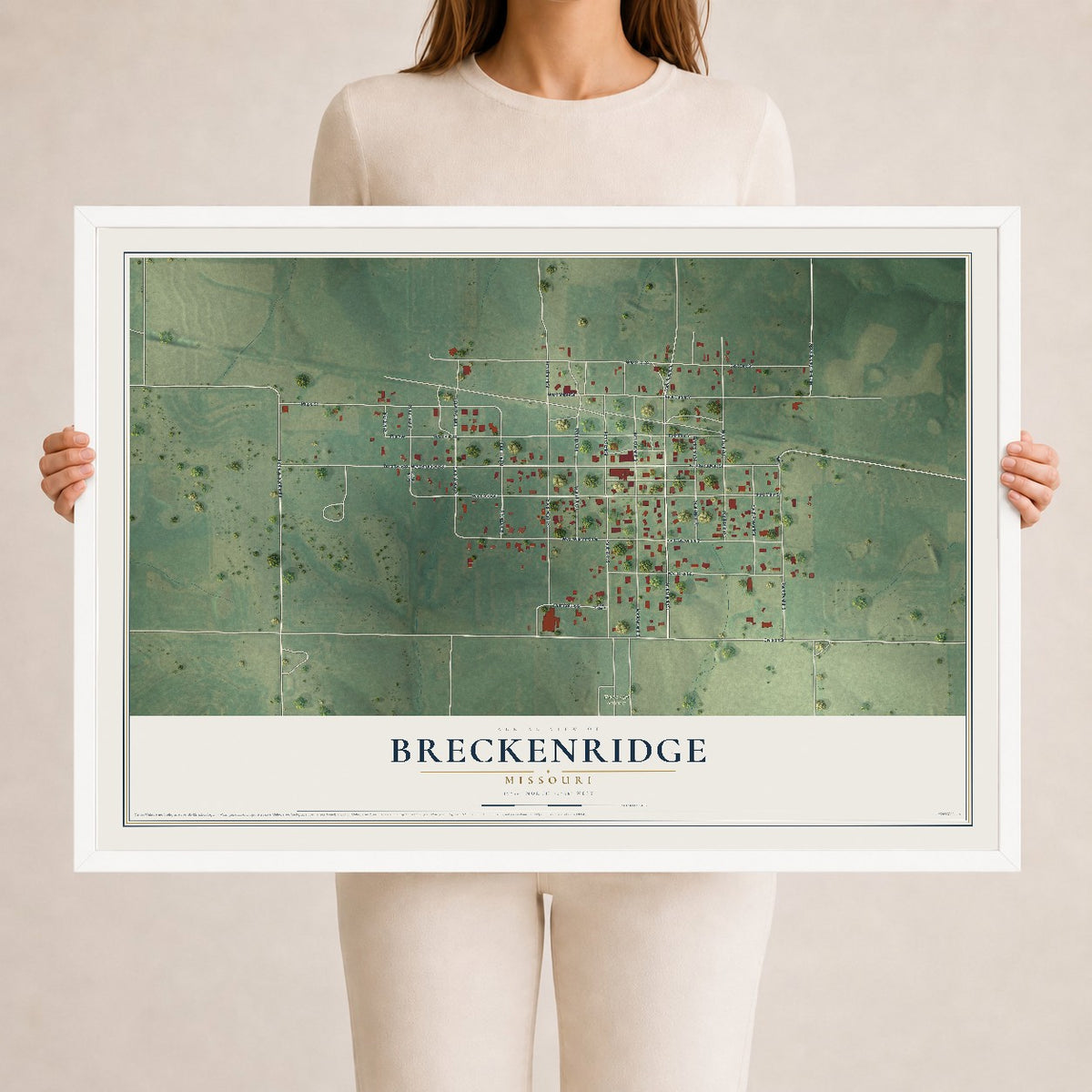 Map of Breckenridge, Missouri, 24 x 36 inch print in a white wood frame
