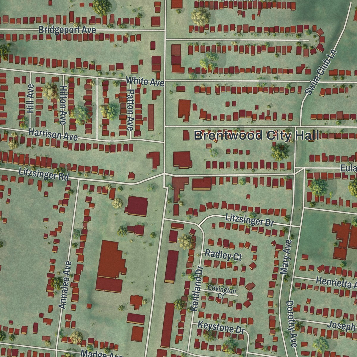 Close-up of the map of Brentwood, Missouri print showing street and building detail