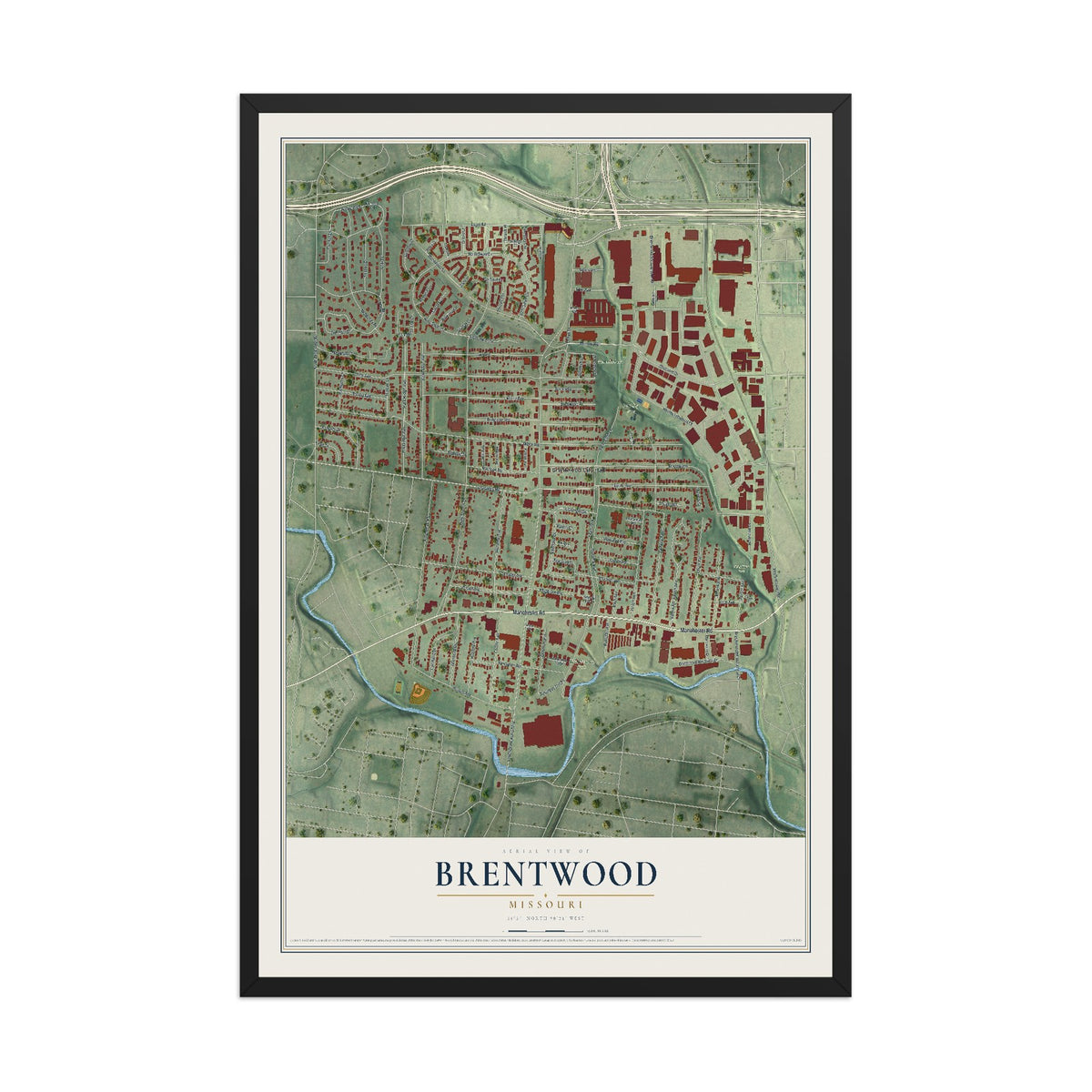 Map of Brentwood, Missouri, 12 x 18 inch print in a black wood frame