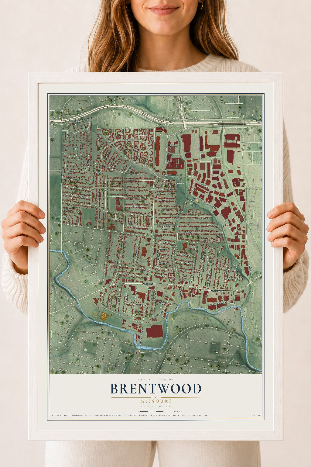 Map of Brentwood, Missouri, 18 x 24 inch print in a white wood frame