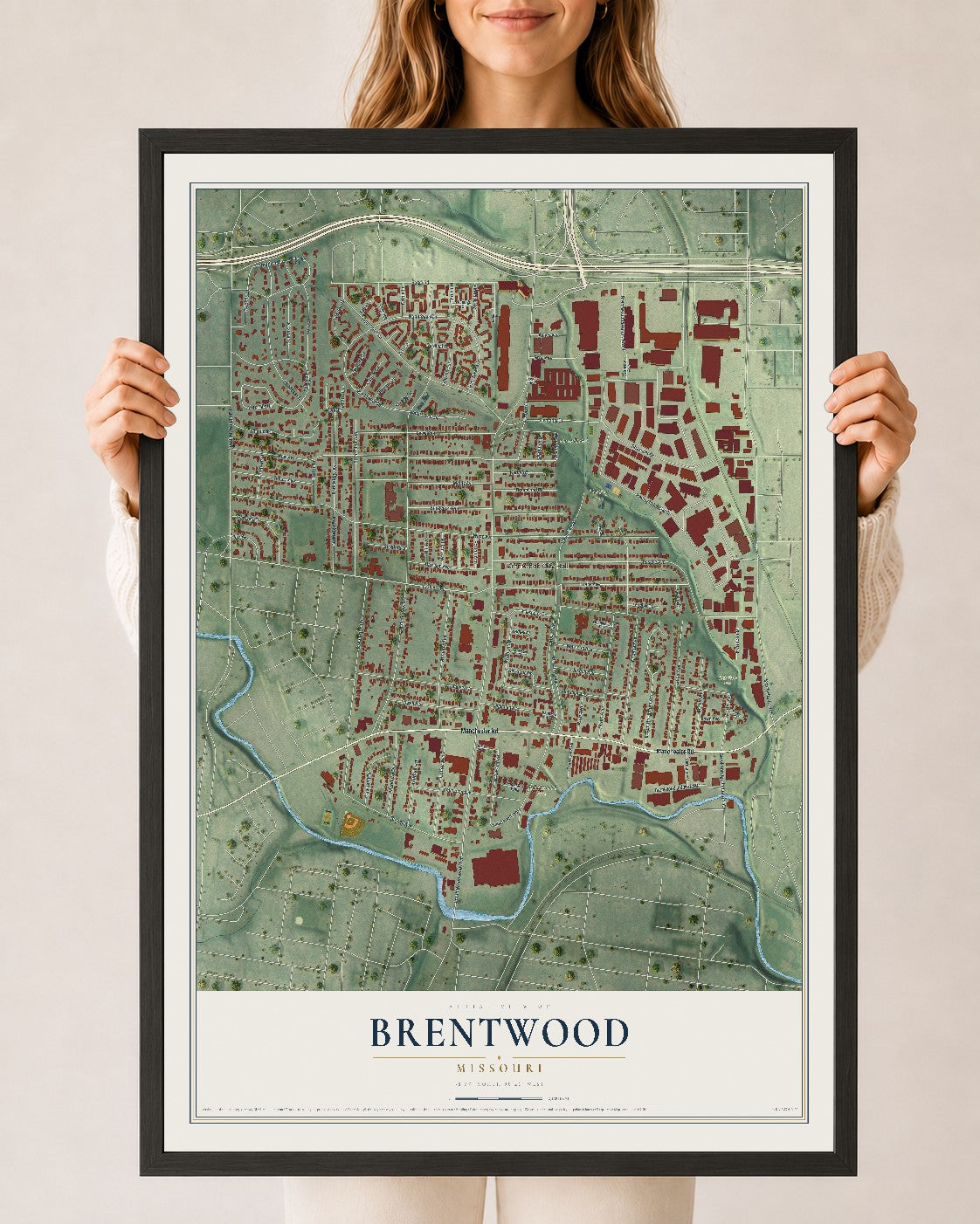 Map of Brentwood, Missouri, 24 x 36 inch print in a black wood frame