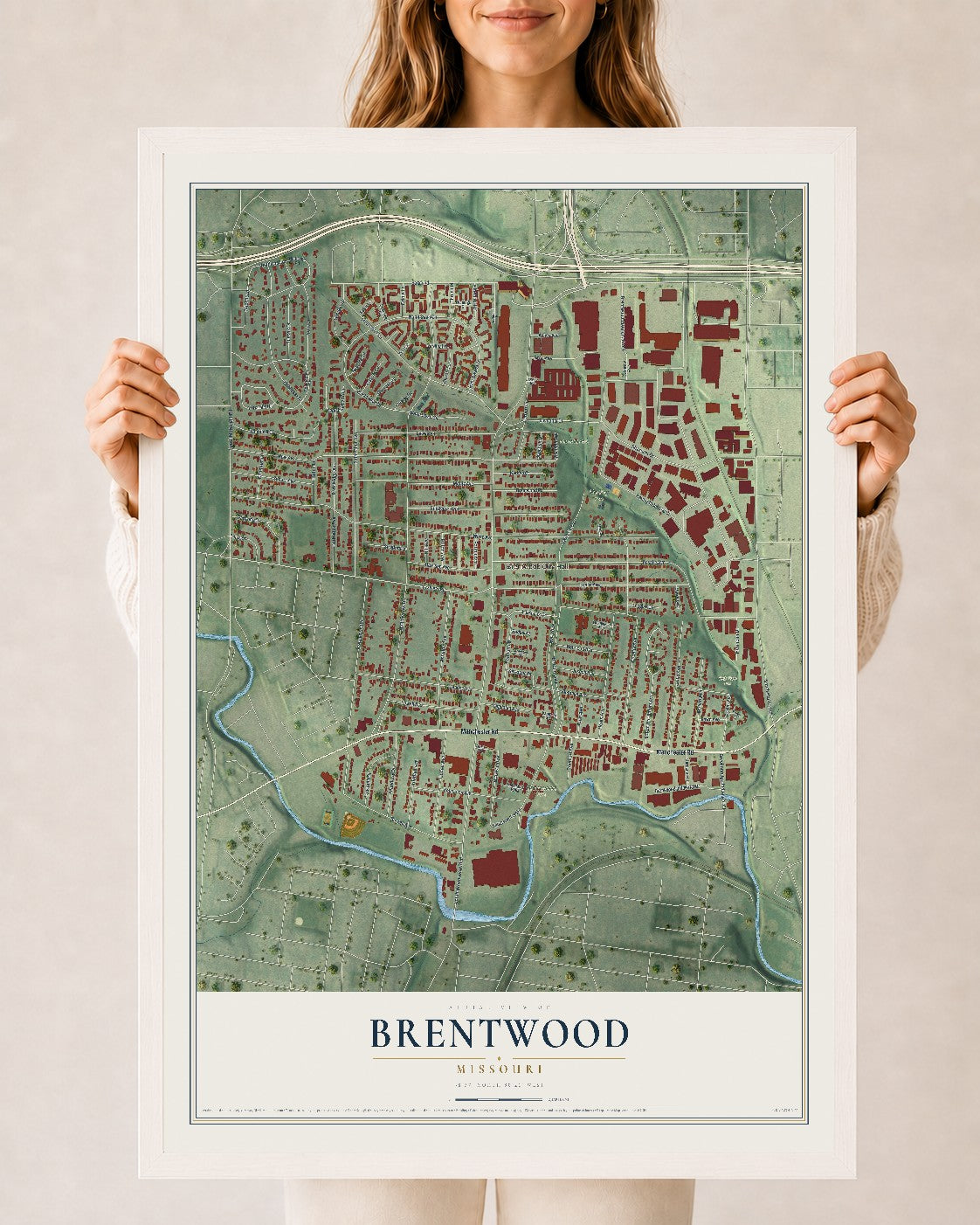 Map of Brentwood, Missouri, 24 x 36 inch print in a white wood frame