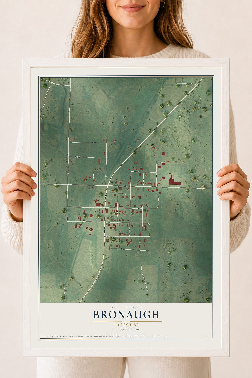 Map of Bronaugh, Missouri, 18 x 24 inch print in a white wood frame