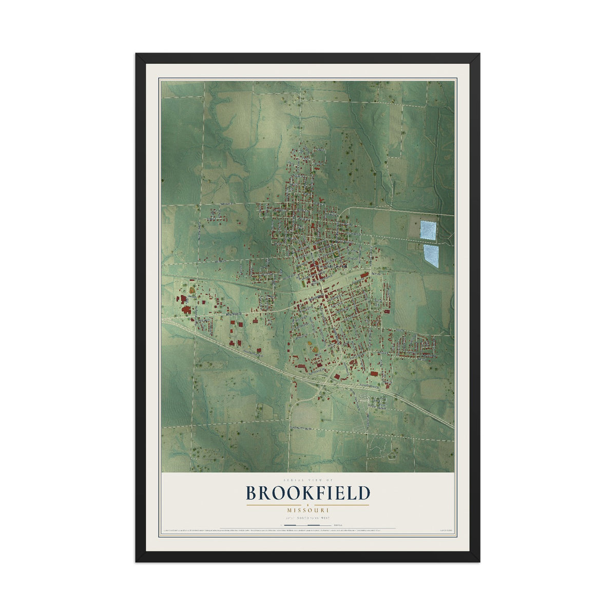 Map of Brookfield, Missouri, 12 x 18 inch print in a black wood frame