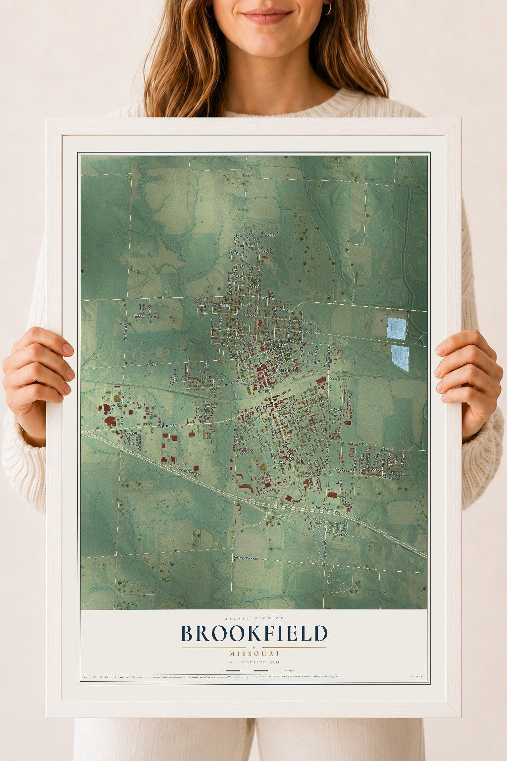 Map of Brookfield, Missouri, 18 x 24 inch print in a white wood frame
