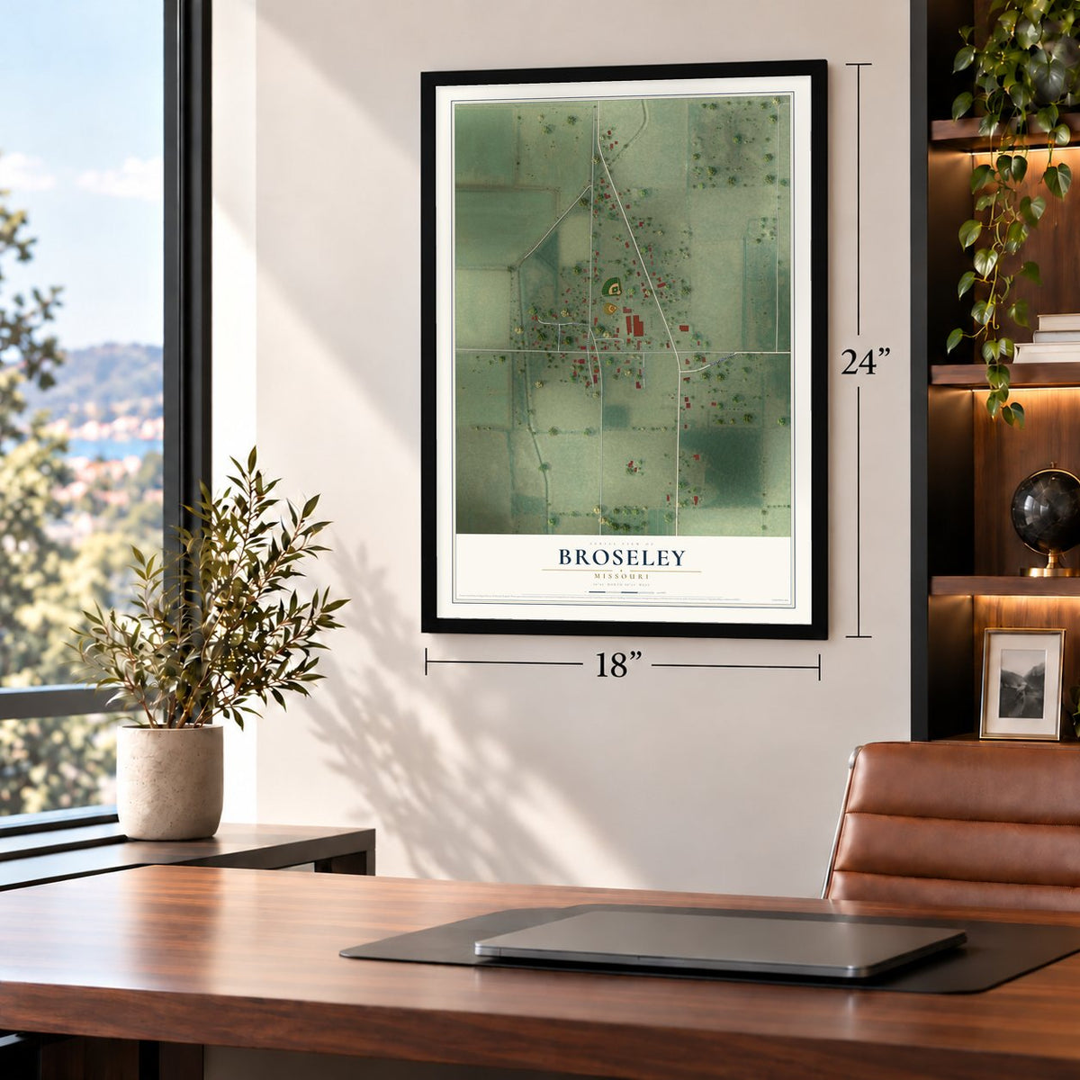 Broseley, Missouri map, 18 x 24 inch print in a black frame in a home office